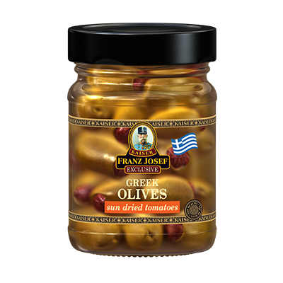 Řecké zelené olivy plněné sušenými rajčaty ve slaném nálevu 250 g 